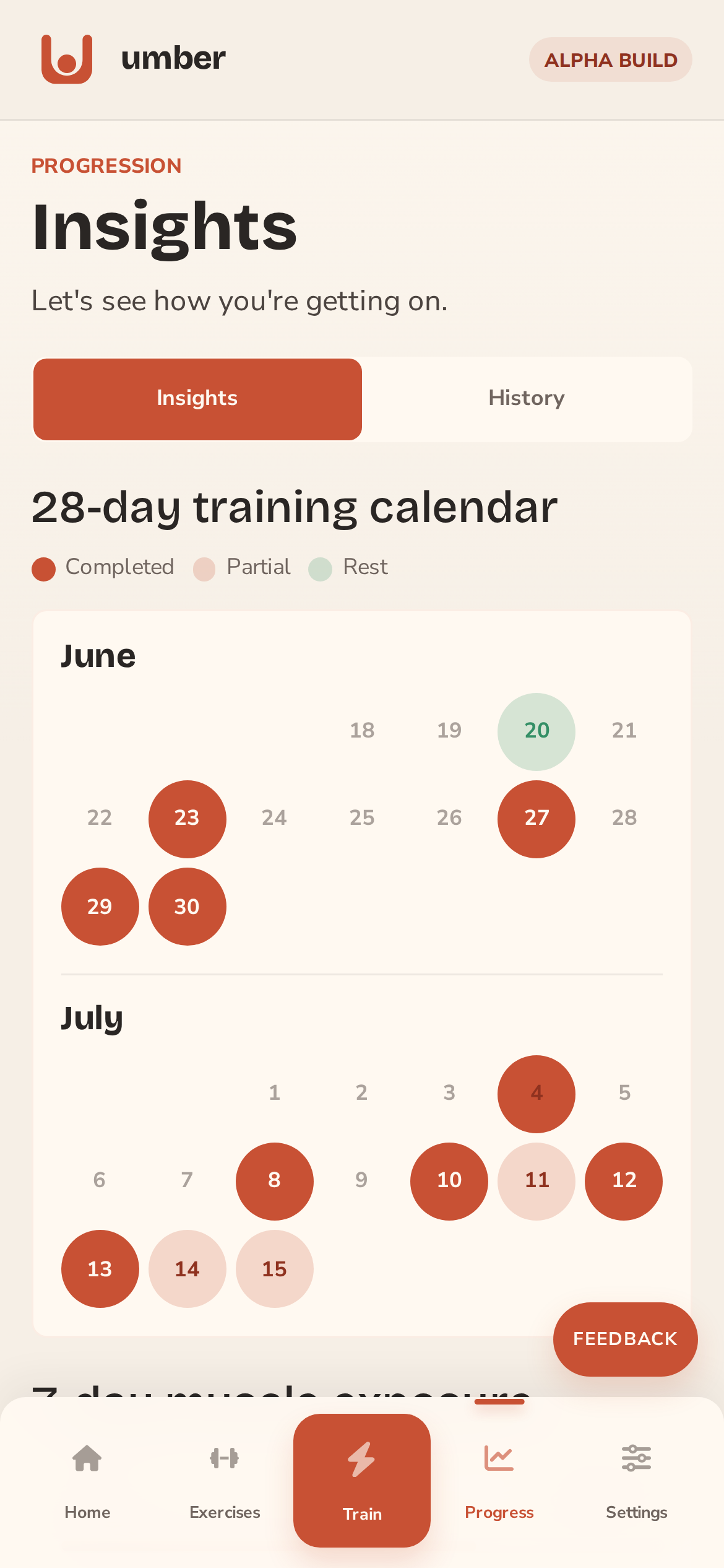 umber progression insights with training calendar and muscle exposure