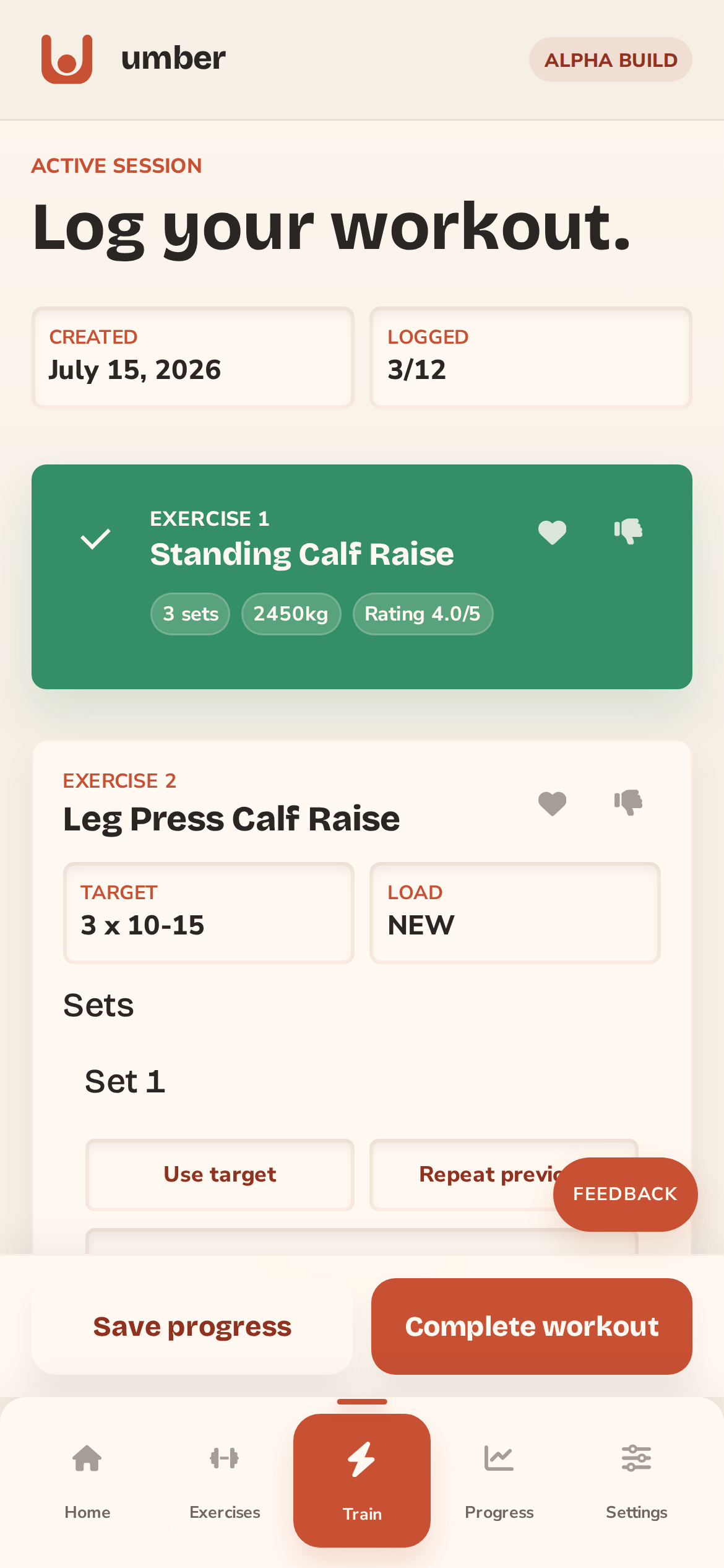 umber active session screen for logging reps and load